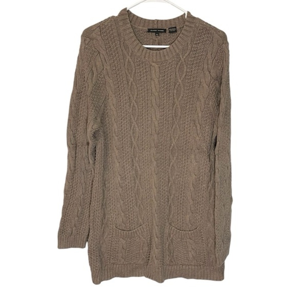 Jeanne Pierre XL Taupe‎ Brown Cable Knit Sweater Pockets Coastal Grandma Preppy